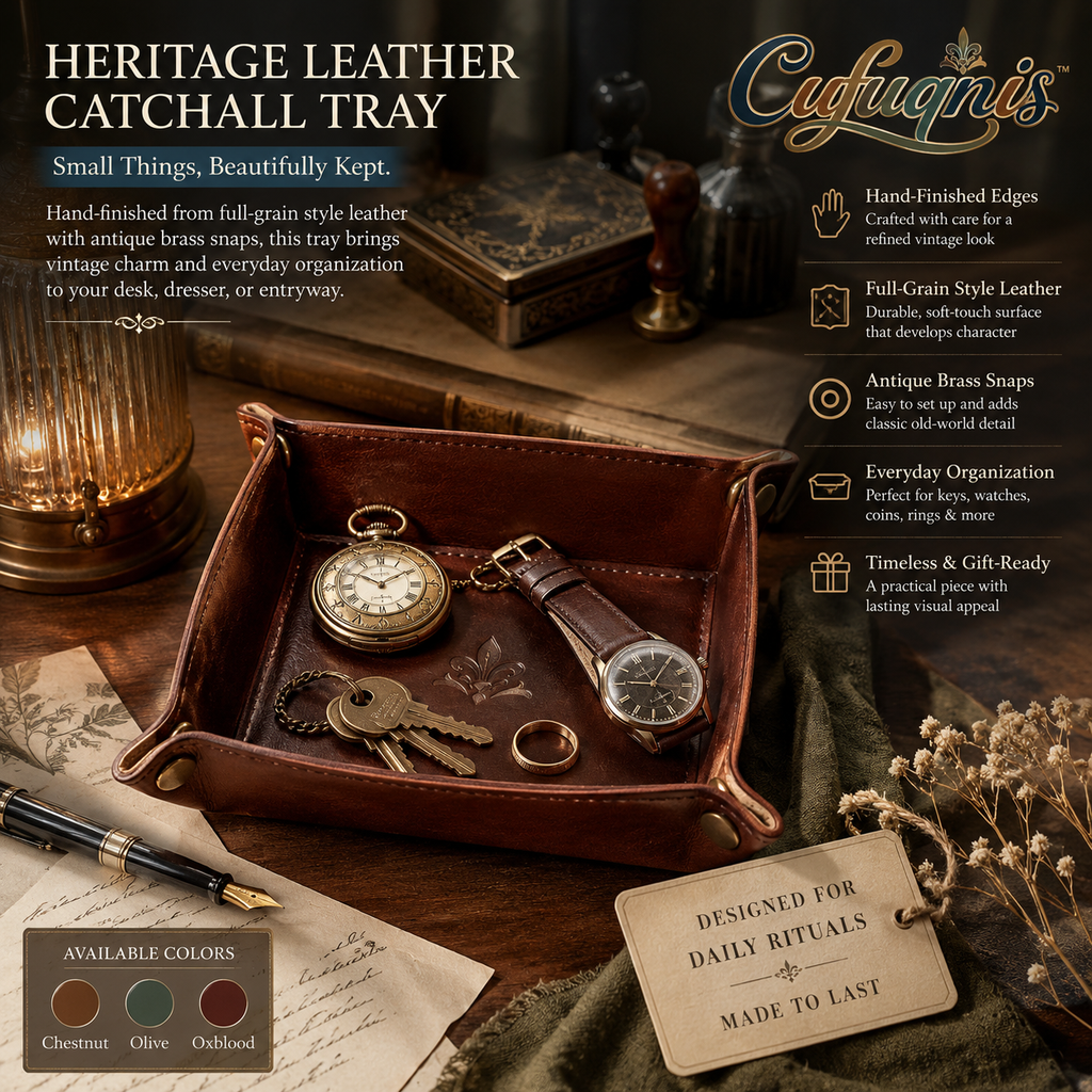 Cufuqnis™ Heritage Leather Catchall Tray – Hand-Finished Vintage Desk Organizer & Valet Tray