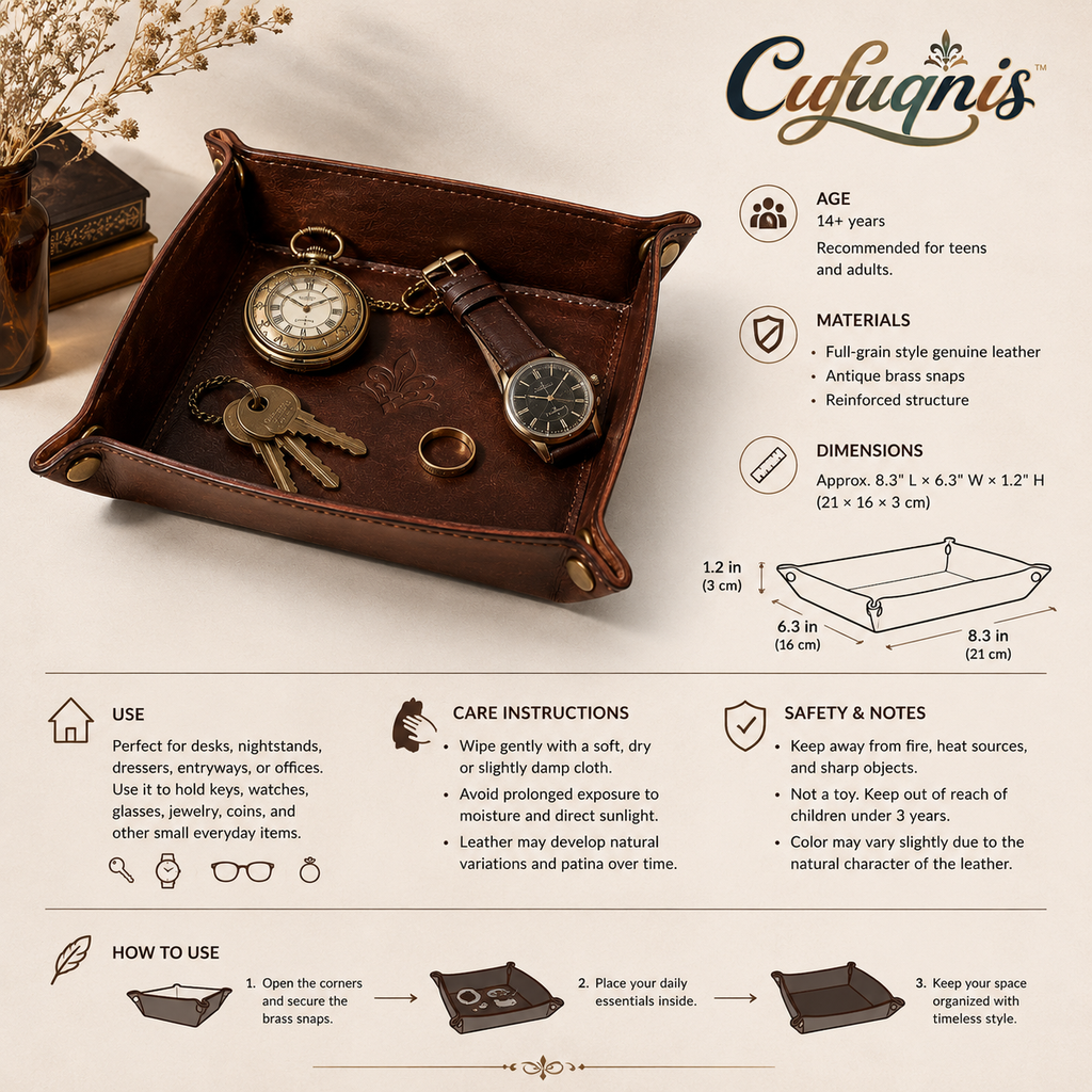 Cufuqnis™ Heritage Leather Catchall Tray – Hand-Finished Vintage Desk Organizer & Valet Tray