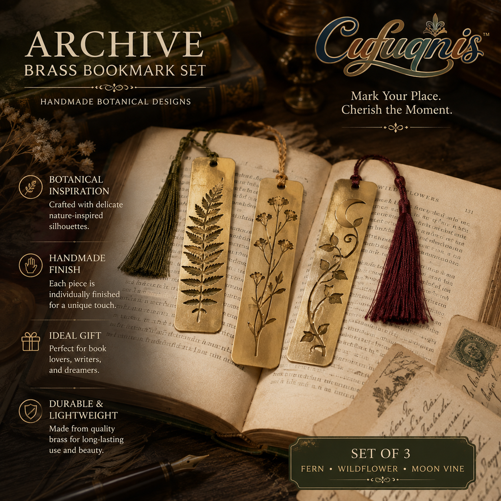 Cufuqnis™ Archive Brass Bookmark Set – Handmade Botanical Metal Bookmarks with Vintage Tassels