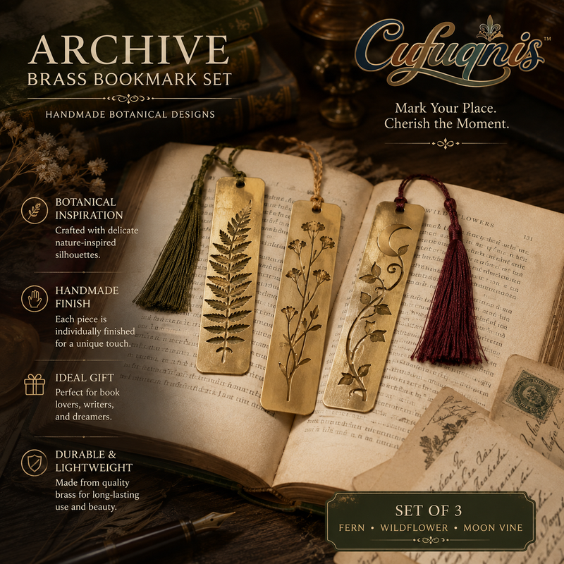 Cufuqnis™ Archive Brass Bookmark Set – Handmade Botanical Metal Bookmarks with Vintage Tassels