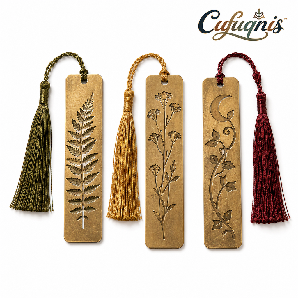 Cufuqnis™ Archive Brass Bookmark Set – Handmade Botanical Metal Bookmarks with Vintage Tassels