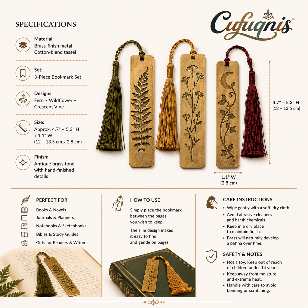 Cufuqnis™ Archive Brass Bookmark Set – Handmade Botanical Metal Bookmarks with Vintage Tassels