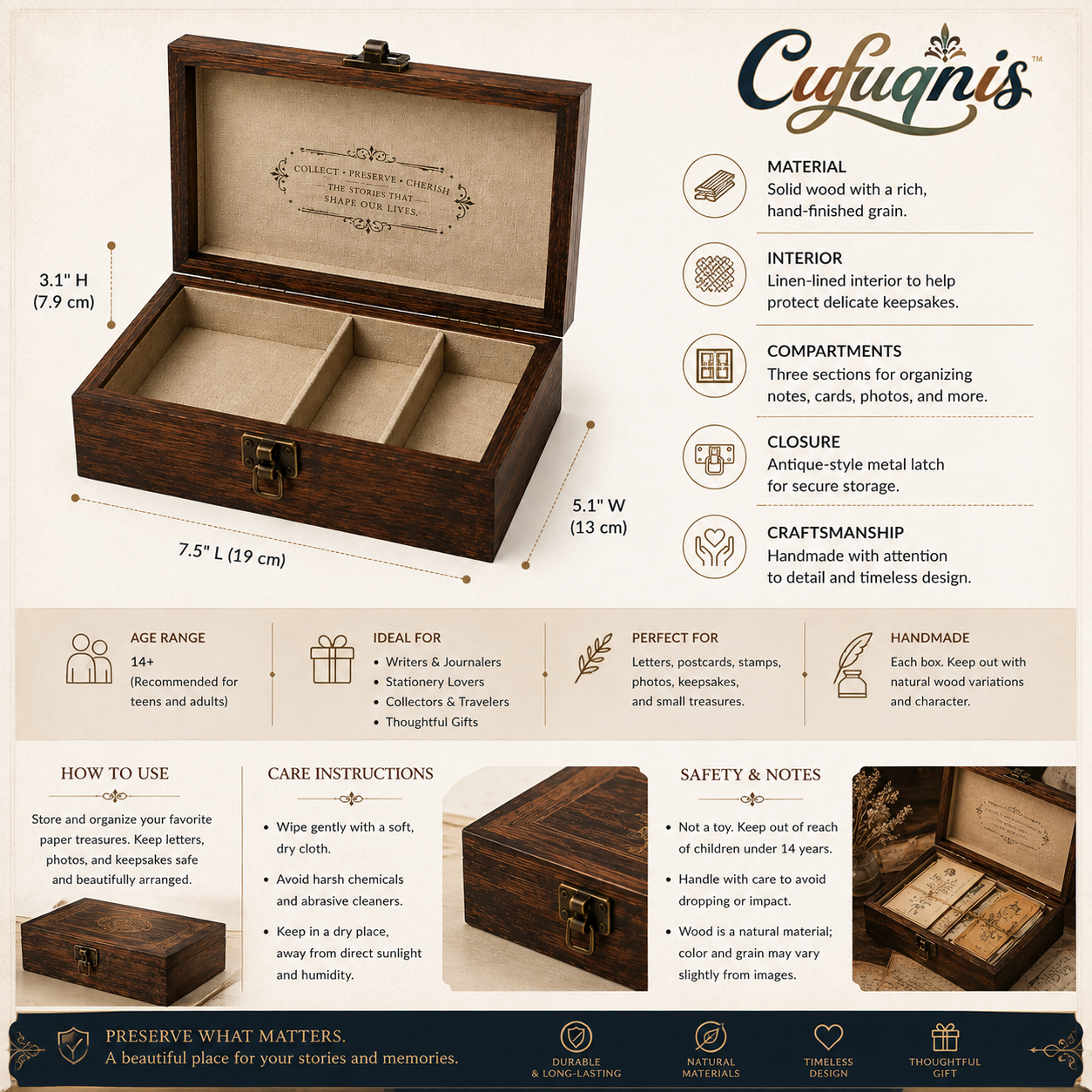 Cufuqnis™ Letterpress Keepsake Note Box – Handmade Vintage Stationery Storage Case