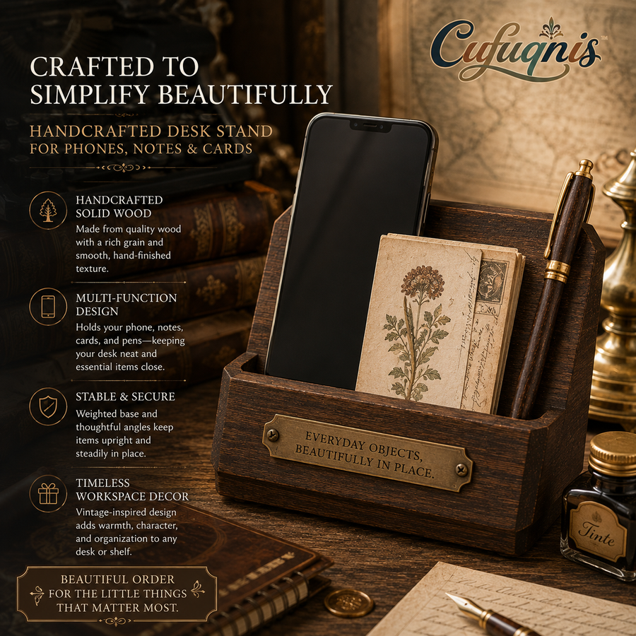Cufuqnis™ Foundry Wood Desk Stand – Handcrafted Phone, Note & Card Display Holder