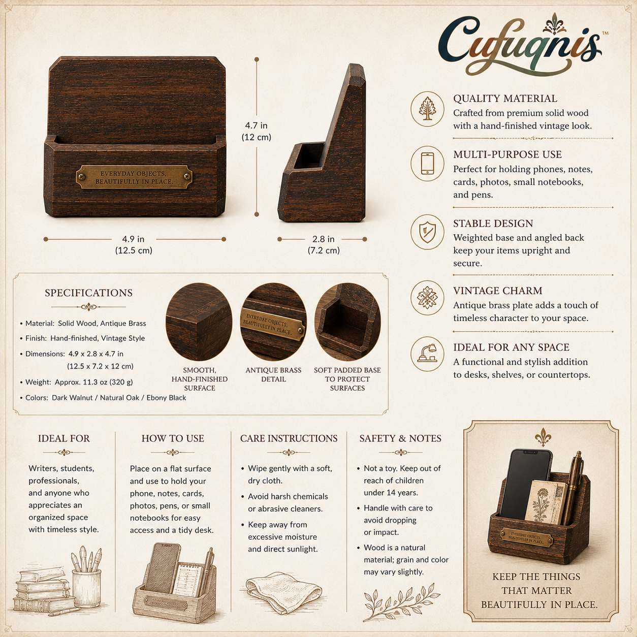 Cufuqnis™ Foundry Wood Desk Stand – Handcrafted Phone, Note & Card Display Holder
