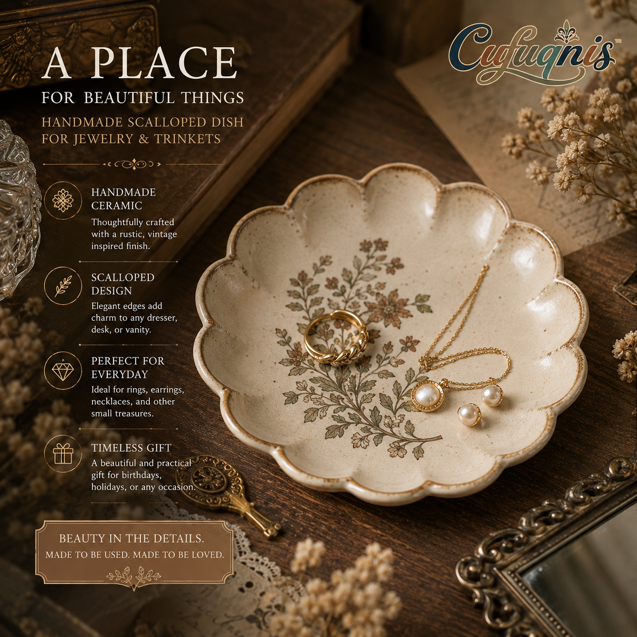 Cufuqnis™ Hearthstone Ceramic Trinket Dish – Handmade Scalloped Jewelry & Vanity Tray