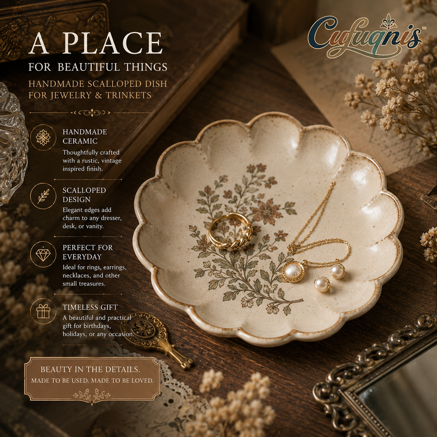 Cufuqnis™ Hearthstone Ceramic Trinket Dish – Handmade Scalloped Jewelry & Vanity Tray