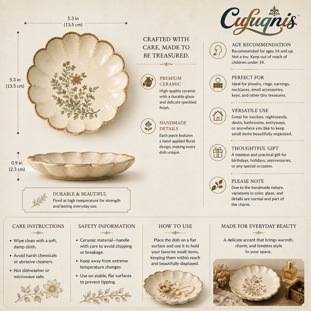 Cufuqnis™ Hearthstone Ceramic Trinket Dish – Handmade Scalloped Jewelry & Vanity Tray