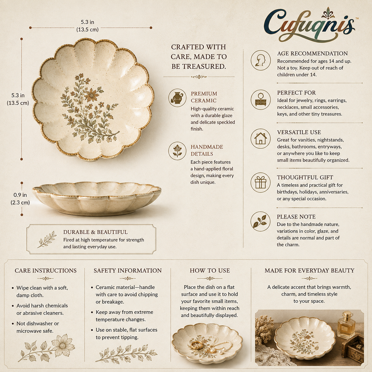 Cufuqnis™ Hearthstone Ceramic Trinket Dish – Handmade Scalloped Jewelry & Vanity Tray
