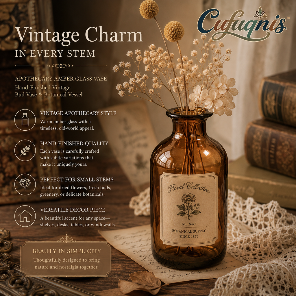 Cufuqnis™ Apothecary Amber Glass Vase – Hand-Finished Vintage Bud Vase & Botanical Vessel