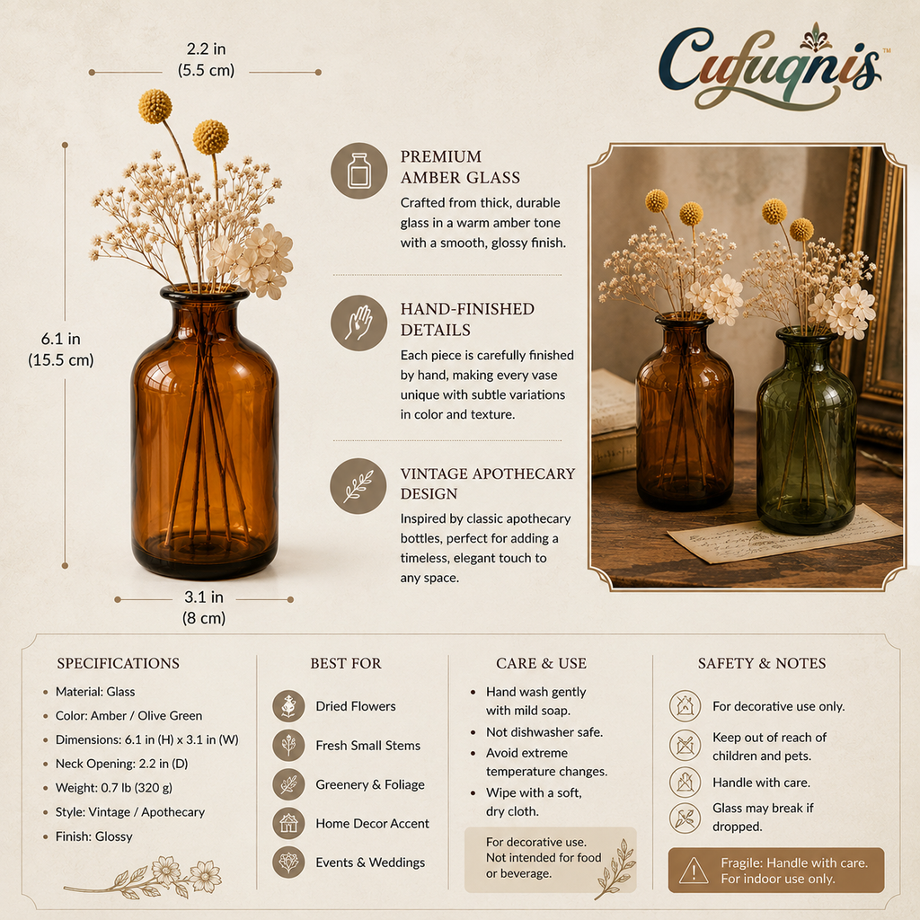 Cufuqnis™ Apothecary Amber Glass Vase – Hand-Finished Vintage Bud Vase & Botanical Vessel