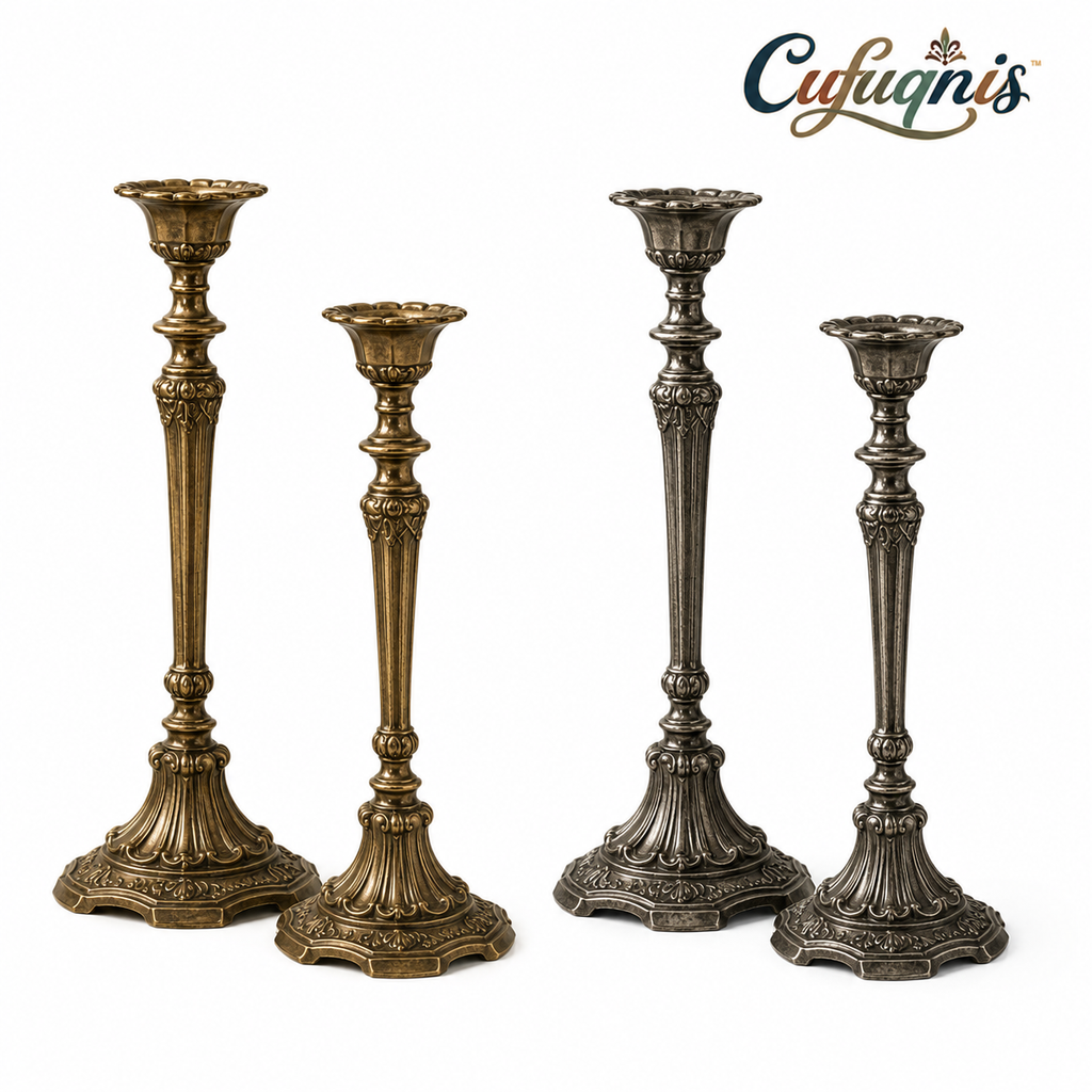 Cufuqnis™ Old Manor Taper Candle Holders – Hand-Finished Antique Brass Style Set of 2