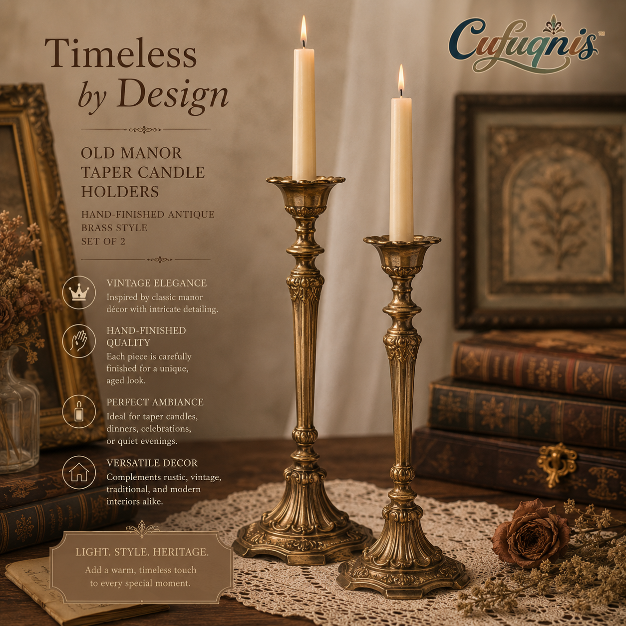 Cufuqnis™ Old Manor Taper Candle Holders – Hand-Finished Antique Brass Style Set of 2