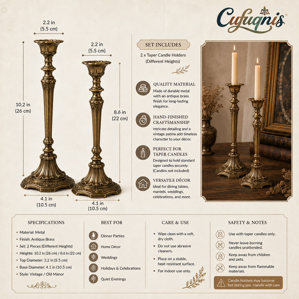 Cufuqnis™ Old Manor Taper Candle Holders – Hand-Finished Antique Brass Style Set of 2