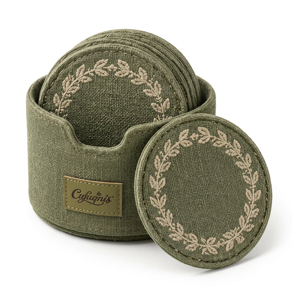 Cufuqnis™ Loom & Laurel Coaster Set – Handmade Woven Linen Drink Coasters with Storage Sleeve