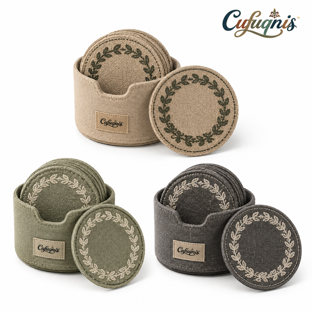 Cufuqnis™ Loom & Laurel Coaster Set – Handmade Woven Linen Drink Coasters with Storage Sleeve