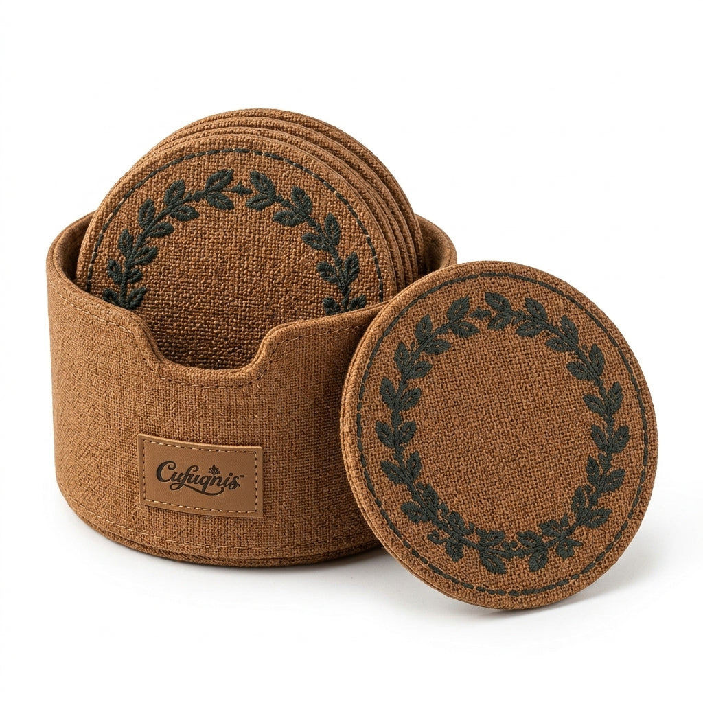 Cufuqnis™ Loom & Laurel Coaster Set – Handmade Woven Linen Drink Coasters with Storage Sleeve