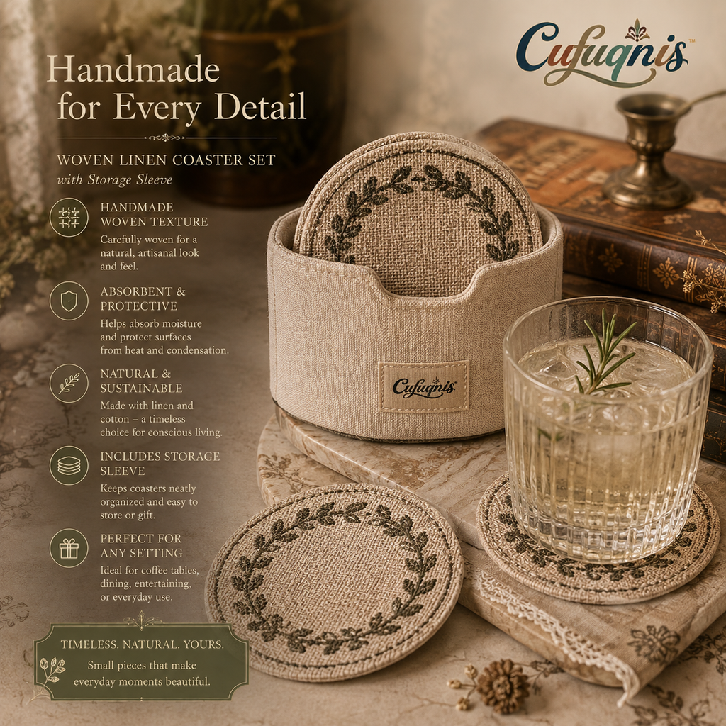Cufuqnis™ Loom & Laurel Coaster Set – Handmade Woven Linen Drink Coasters with Storage Sleeve