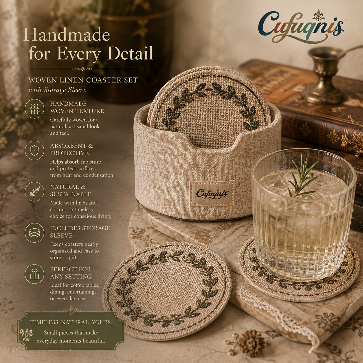 Cufuqnis™ Loom & Laurel Coaster Set – Handmade Woven Linen Drink Coasters with Storage Sleeve
