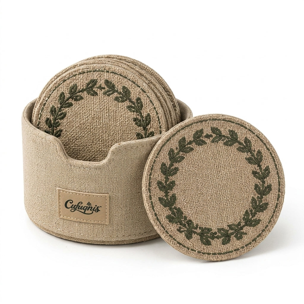 Cufuqnis™ Loom & Laurel Coaster Set – Handmade Woven Linen Drink Coasters with Storage Sleeve