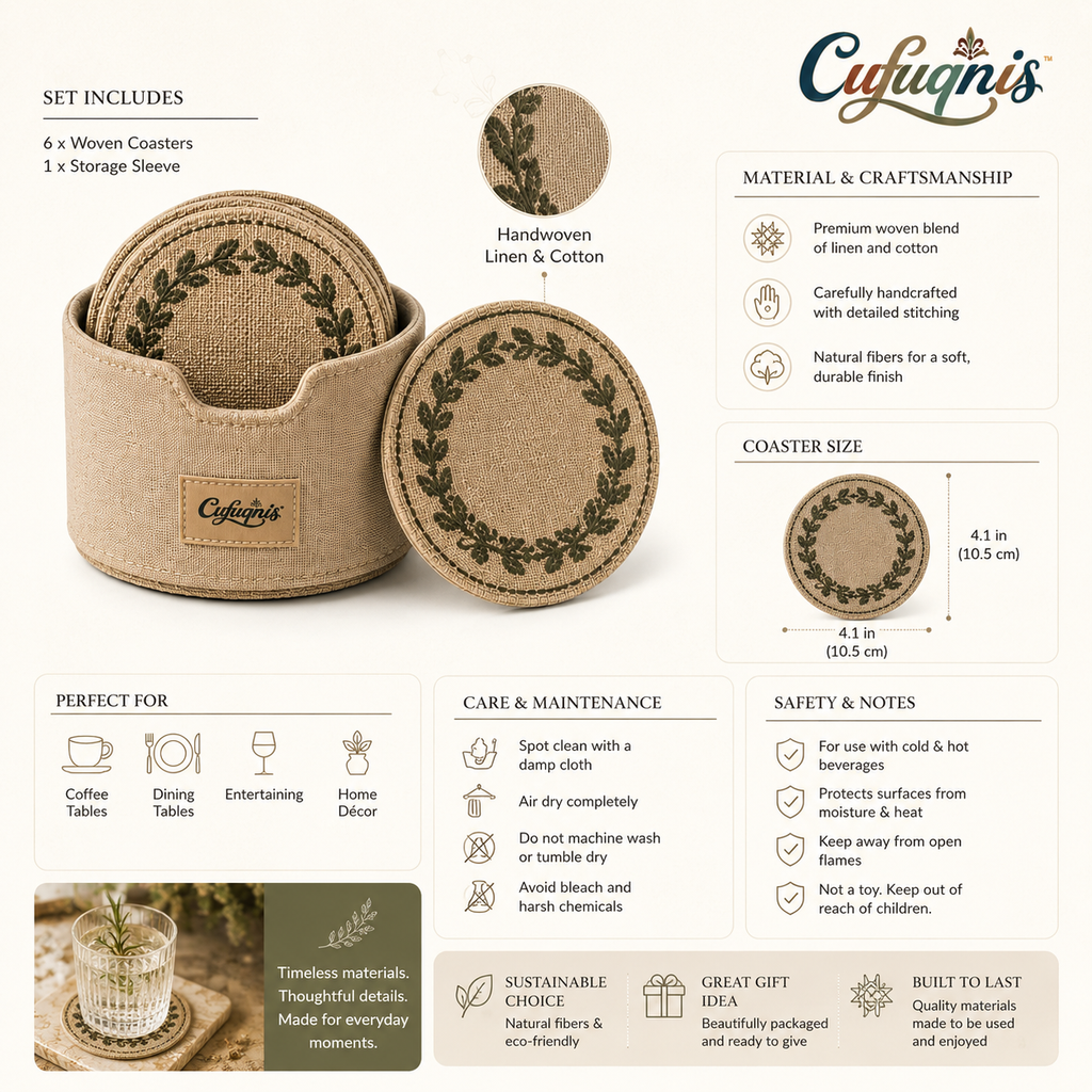 Cufuqnis™ Loom & Laurel Coaster Set – Handmade Woven Linen Drink Coasters with Storage Sleeve