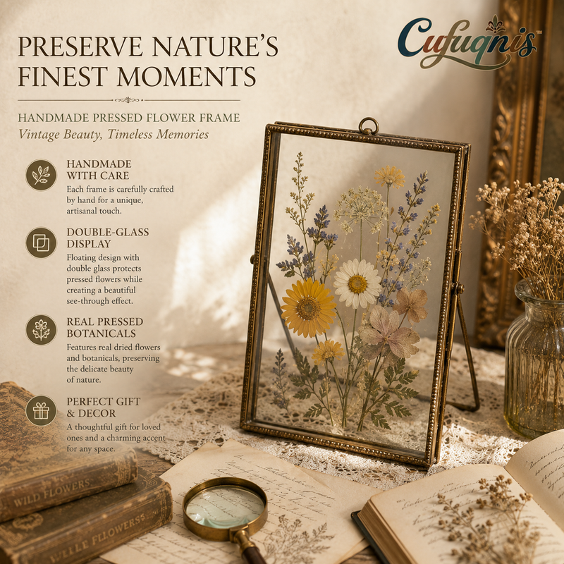 Cufuqnis™ Botanist's Pressed Flower Frame – Handmade Double-Glass Vintage Display Frame
