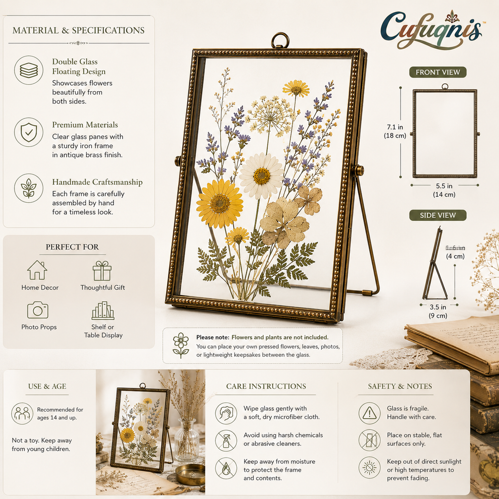 Cufuqnis™ Botanist's Pressed Flower Frame – Handmade Double-Glass Vintage Display Frame