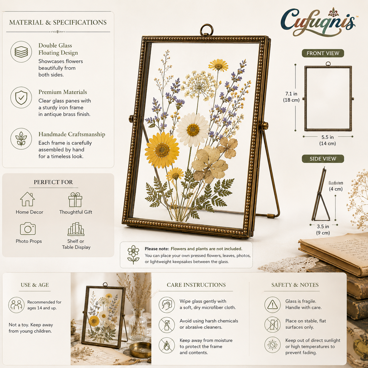Cufuqnis™ Botanist's Pressed Flower Frame – Handmade Double-Glass Vintage Display Frame