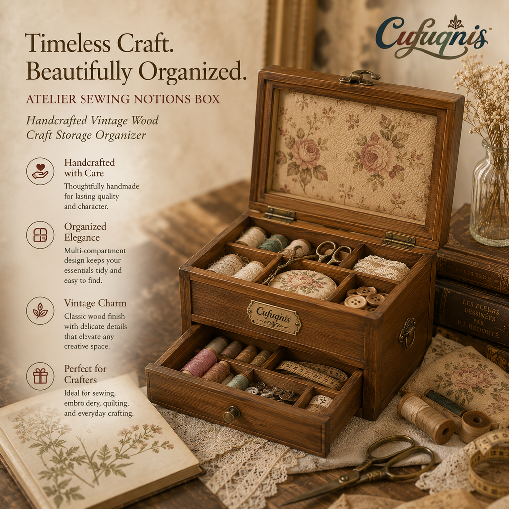 Cufuqnis™ Atelier Sewing Notions Box – Handcrafted Vintage Wood Craft Storage Organizer
