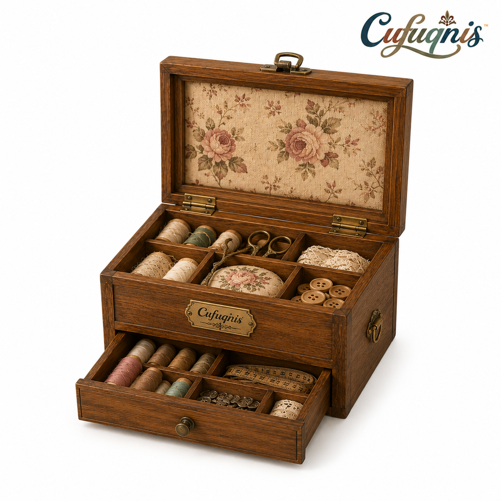 Cufuqnis™ Atelier Sewing Notions Box – Handcrafted Vintage Wood Craft Storage Organizer