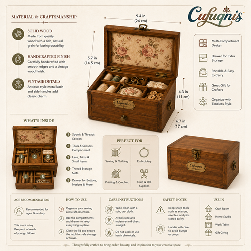 Cufuqnis™ Atelier Sewing Notions Box – Handcrafted Vintage Wood Craft Storage Organizer