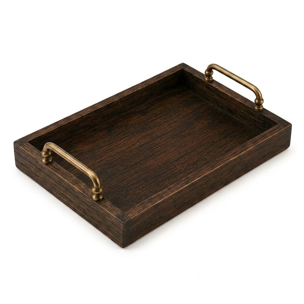 Cufuqnis™ Mercantile Serving & Display Tray – Handcrafted Dark Wood Tray with Antique Brass Handles