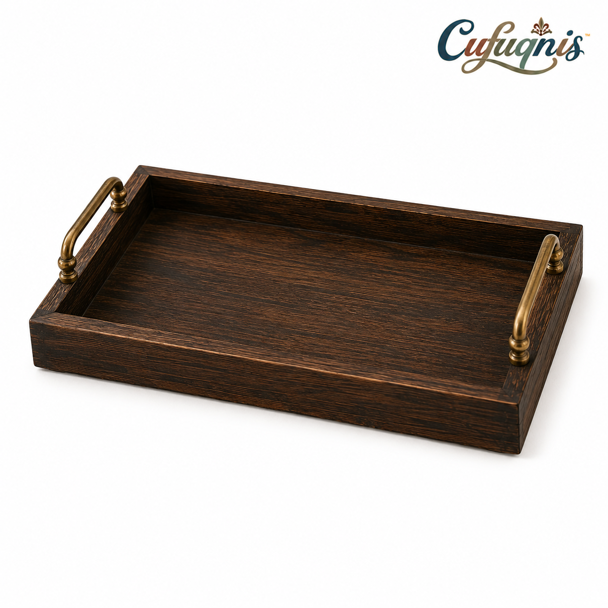 Cufuqnis™ Mercantile Serving & Display Tray – Handcrafted Dark Wood Tray with Antique Brass Handles