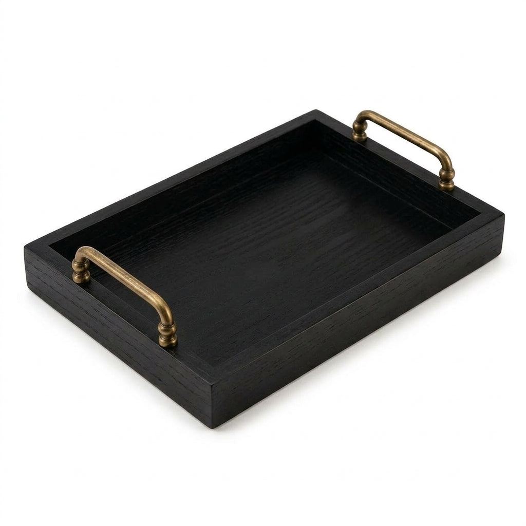 Cufuqnis™ Mercantile Serving & Display Tray – Handcrafted Dark Wood Tray with Antique Brass Handles