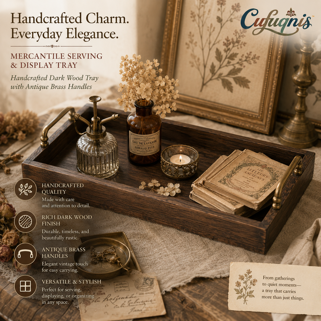 Cufuqnis™ Mercantile Serving & Display Tray – Handcrafted Dark Wood Tray with Antique Brass Handles