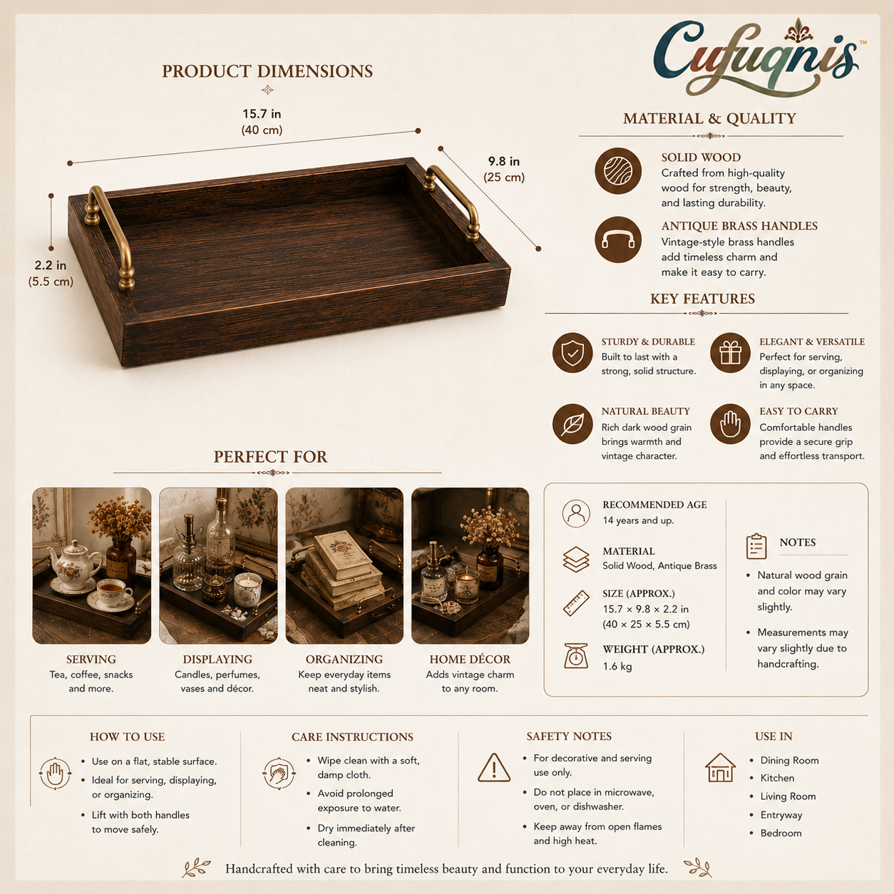 Cufuqnis™ Mercantile Serving & Display Tray – Handcrafted Dark Wood Tray with Antique Brass Handles