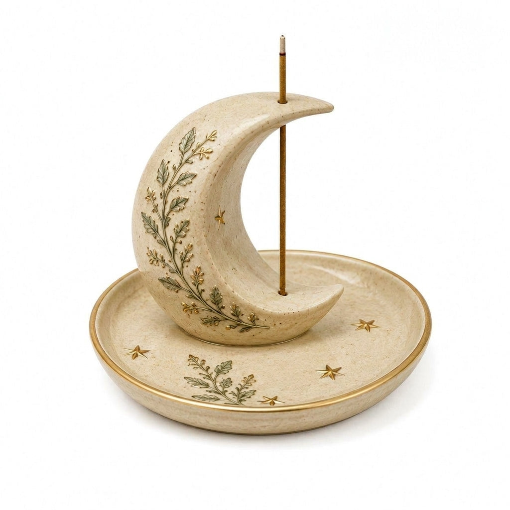 Cufuqnis™ Nocturne Ceramic Incense Holder – Handmade Moon & Botanical Catchall Burner