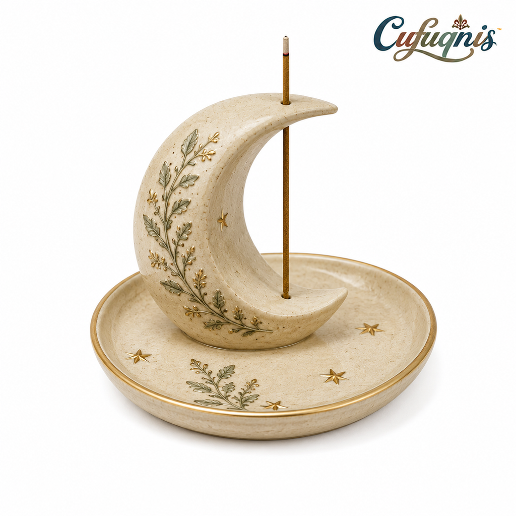 Cufuqnis™ Nocturne Ceramic Incense Holder – Handmade Moon & Botanical Catchall Burner