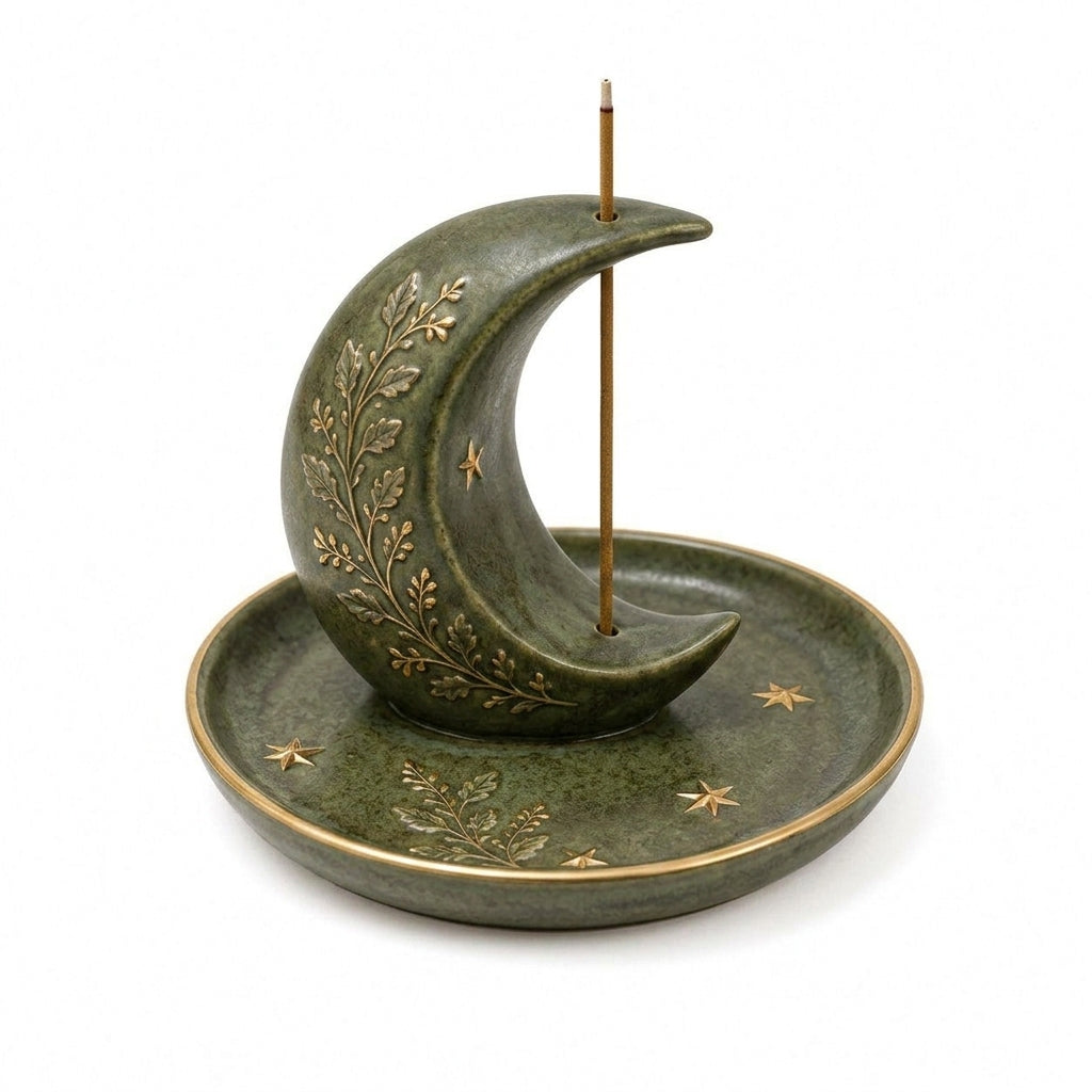 Cufuqnis™ Nocturne Ceramic Incense Holder – Handmade Moon & Botanical Catchall Burner