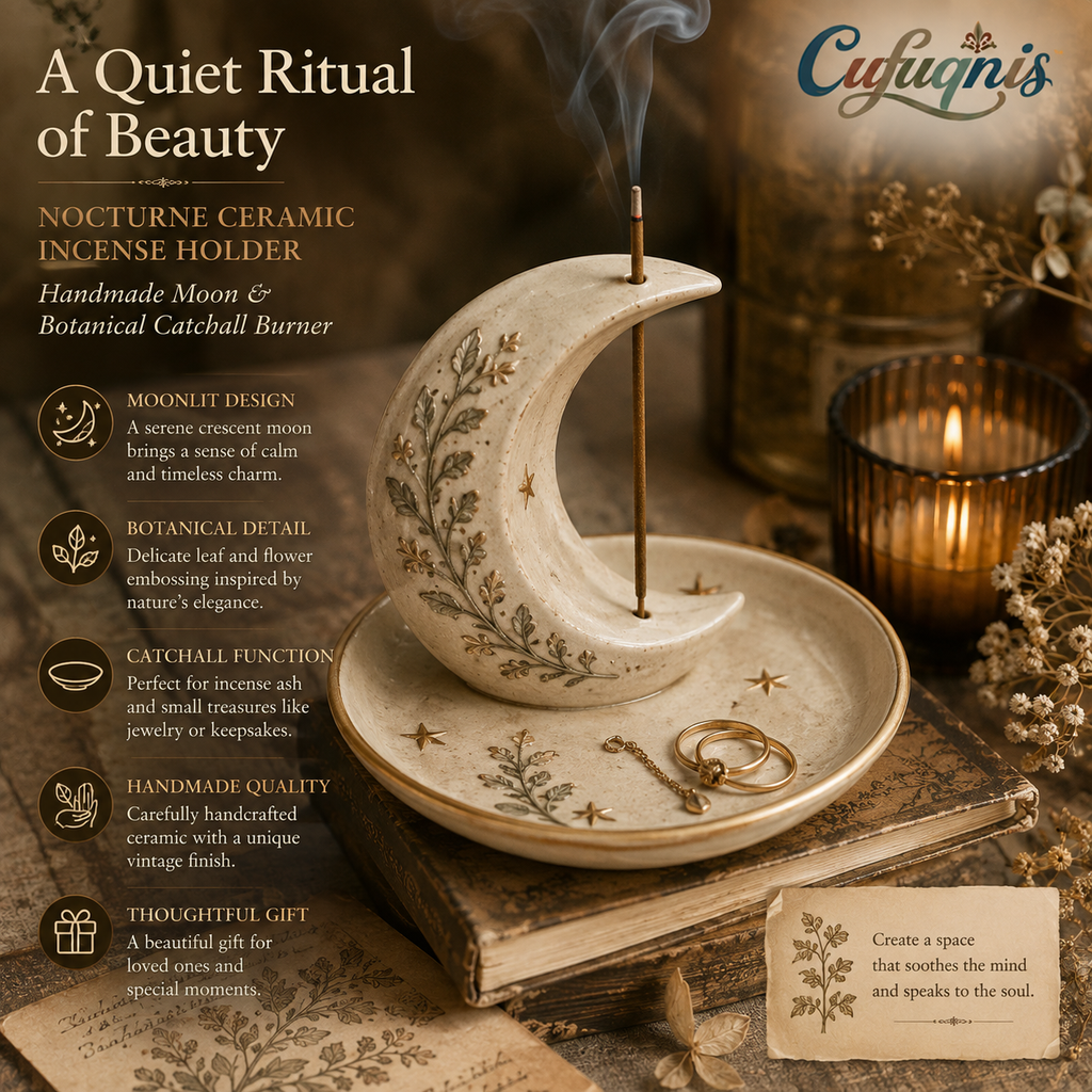 Cufuqnis™ Nocturne Ceramic Incense Holder – Handmade Moon & Botanical Catchall Burner