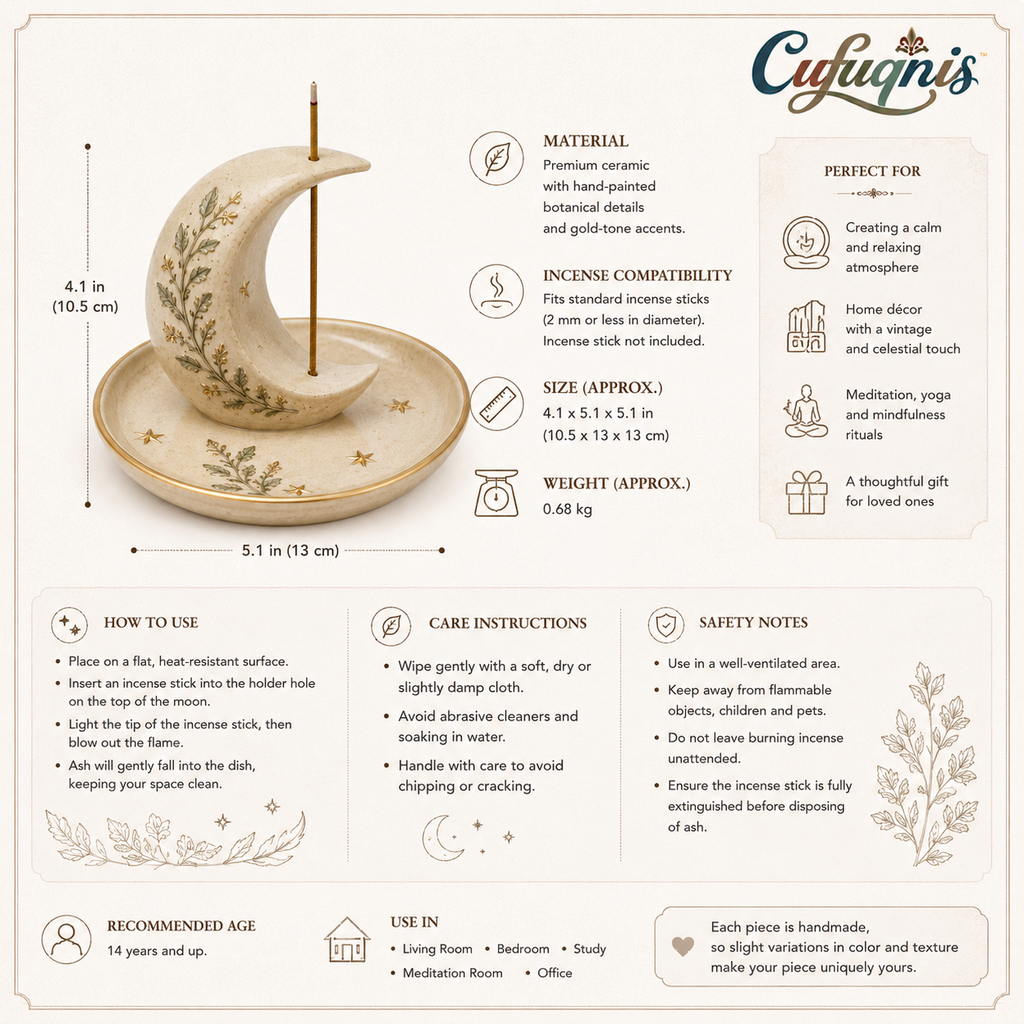 Cufuqnis™ Nocturne Ceramic Incense Holder – Handmade Moon & Botanical Catchall Burner